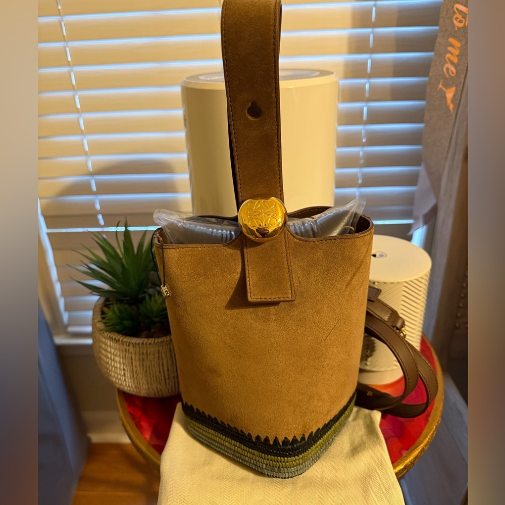 LOEWE + Paula's Ibiza Pebble mini striped raffia-trimmed suede tote